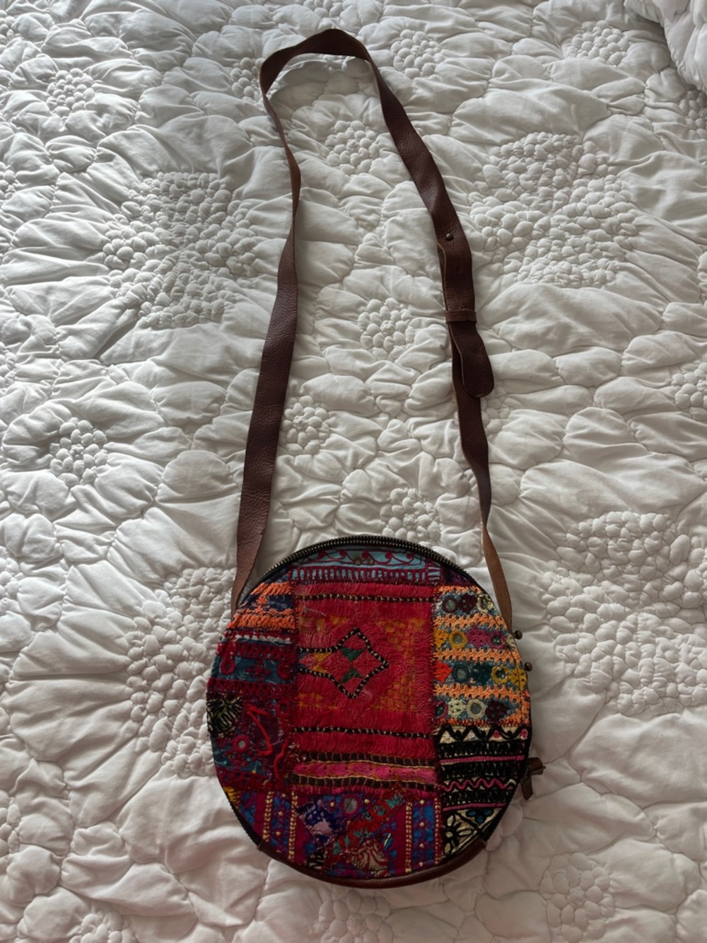 fabindia Multicolor Embroidered Round Crossbody Bag with Brown Leather Strap